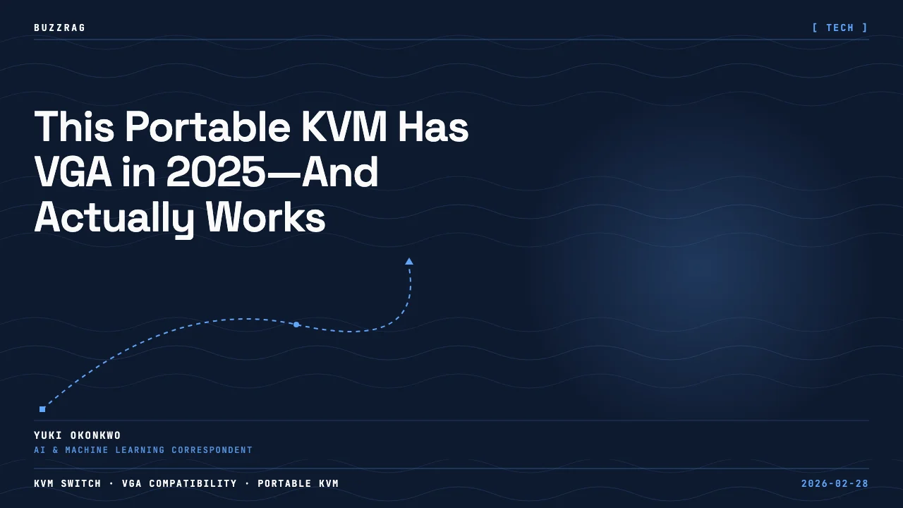 Hand holding compact KVM switch devices with cables against orange and dark background with "KVM GO" text overlay