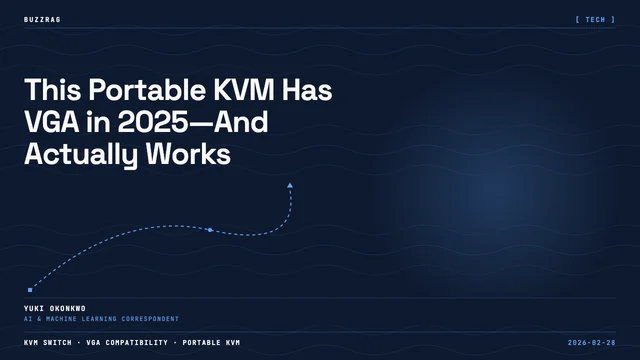 Hand holding compact KVM switch devices with cables against orange and dark background with "KVM GO" text overlay
