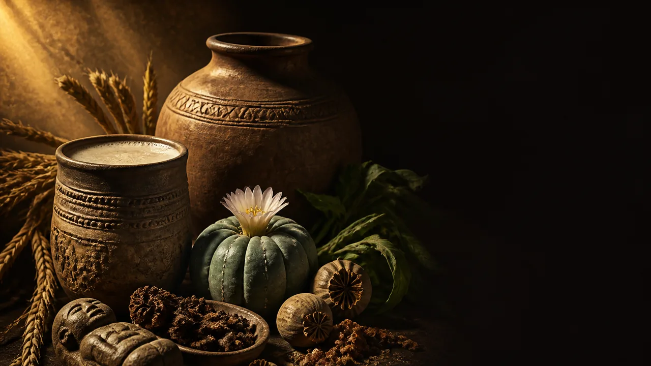 Eight illustrated panels depicting ancient civilizations using various plants and substances including alcohol, opium…