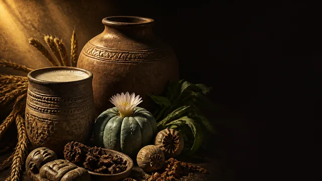Eight illustrated panels depicting ancient civilizations using various plants and substances including alcohol, opium…