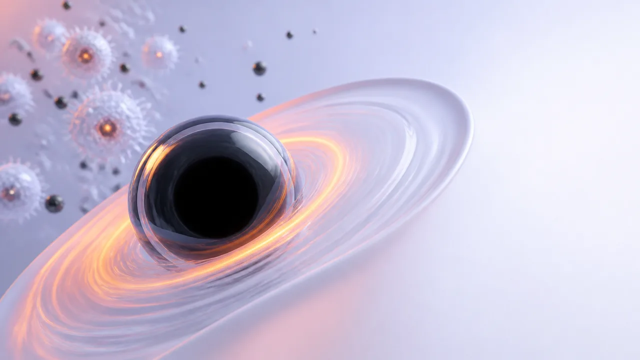 A surprised woman in a striped sweater points toward an illustration of a black hole, with "MINI BLACK HOLES?!" text on a…