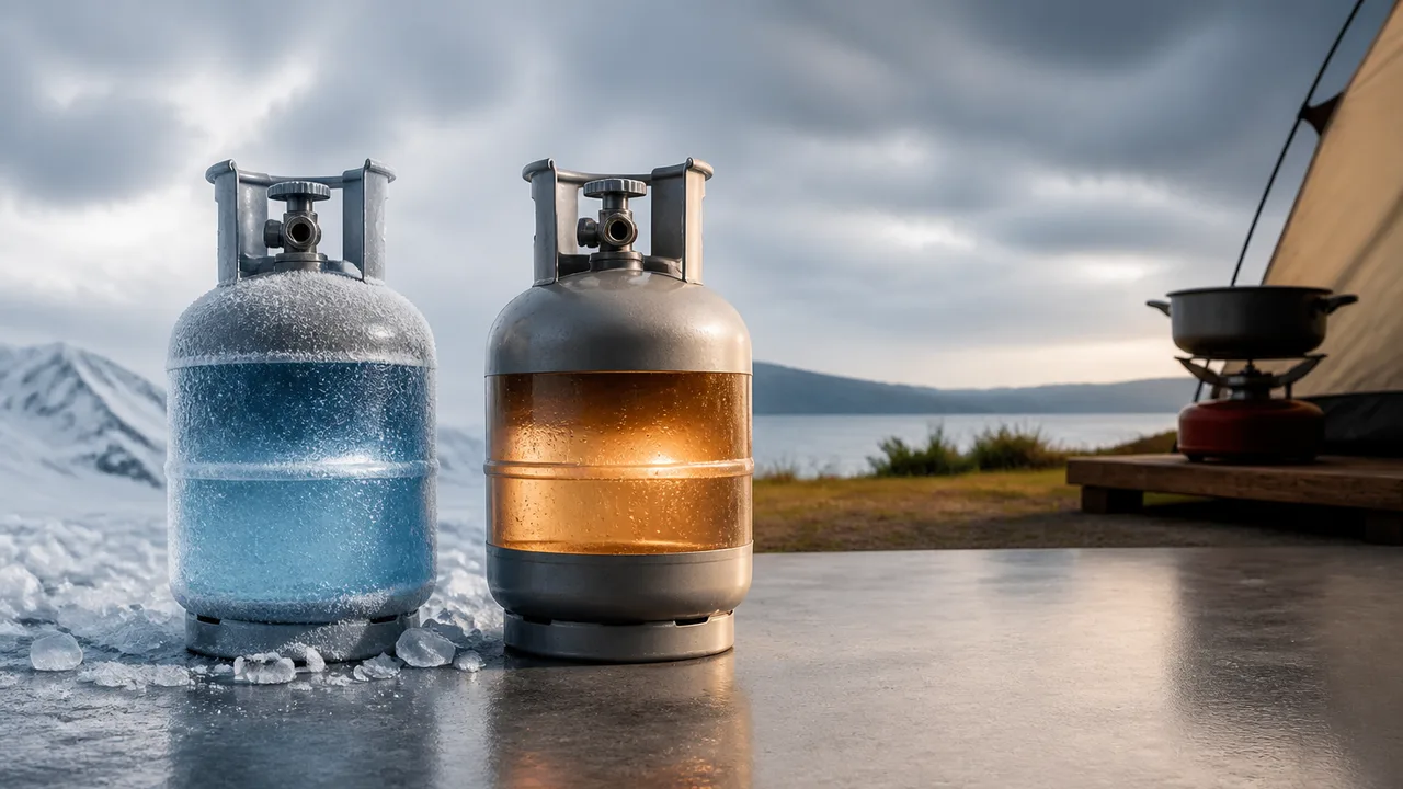 Two fuel canisters in an industrial lab with flames burning below them, comparing propane and butane at different…