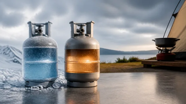 Two fuel canisters in an industrial lab with flames burning below them, comparing propane and butane at different…