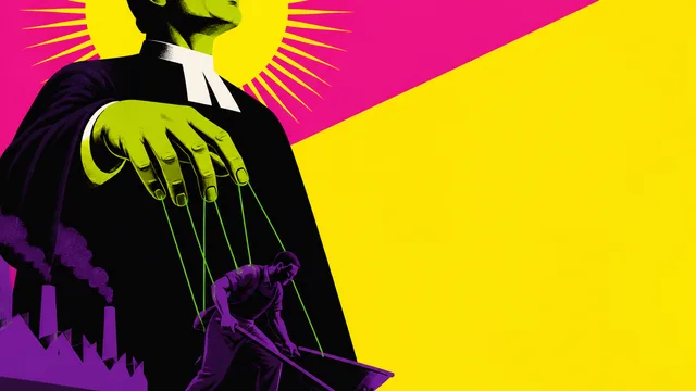 A man in business attire lunges forward against a pink and purple circular backdrop with yellow text reading "Working Hard…