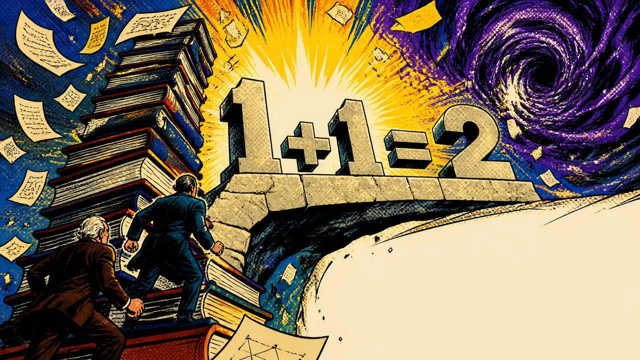 Two illustrated mathematicians in 19th-century attire flank a large "1+1=2" equation against a mathematical text background.