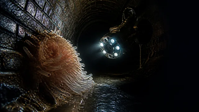 Thermal or infrared footage showing a pale humanoid figure in a circular tunnel with "Strange Evidence" text overlay and…