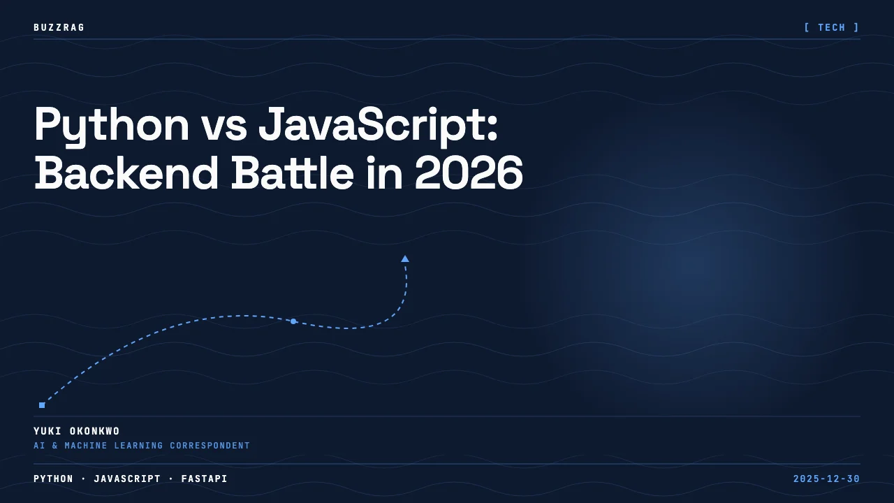 Python logo with upward trend line on left, cheerful character on right with performance graphs comparing both languages