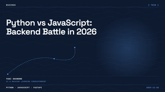 Python logo with upward trend line on left, cheerful character on right with performance graphs comparing both languages