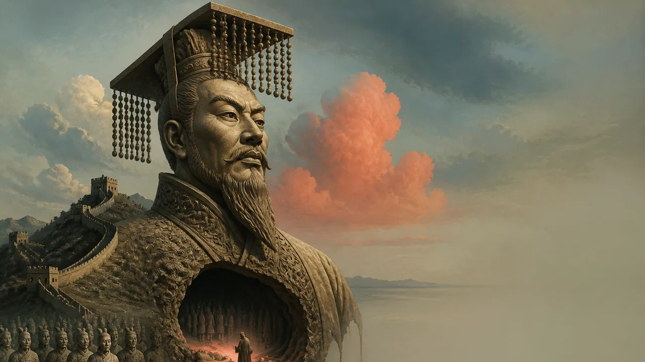 Cartoon character with evil grin holding crumbling terracotta soldiers, with "QIN SHI HUANG CHINA'S FIRST EMPEROR" text on…