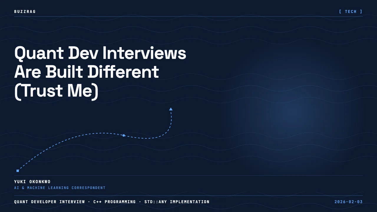 Two men wearing headphones face each other against a dark background with code visible, with "Quant Developer Interview"…