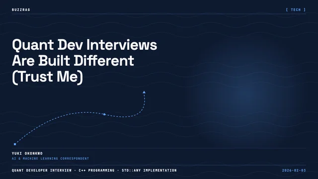 Two men wearing headphones face each other against a dark background with code visible, with "Quant Developer Interview"…