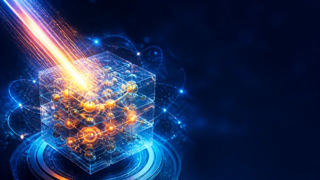 Man with glasses gestures toward a glowing quantum battery visualization with purple and blue gradient effects against a…