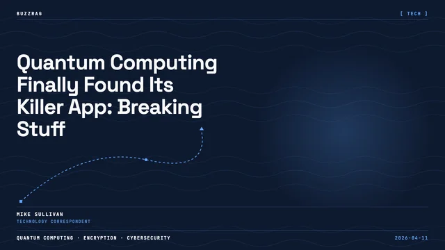A woman in a red jacket appears concerned next to a glowing golden quantum computer structure, with "How Dangerous Is It?"…