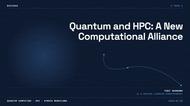 Traditional server towers plus quantum processor illustrated with a plus sign on pink background, labeled High Performance…