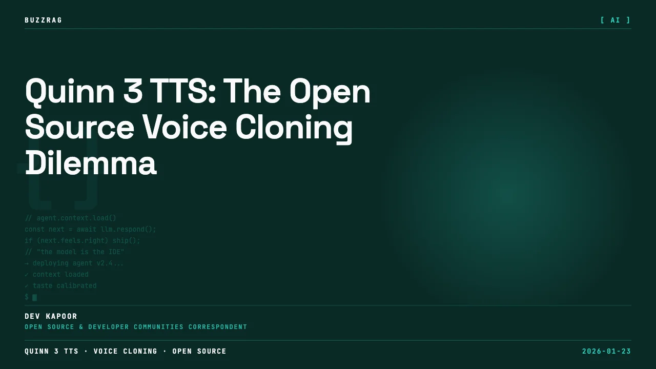 Man in blue shirt points at AI voice cloning interface showing waveforms with text "That's my voice!" overlaid