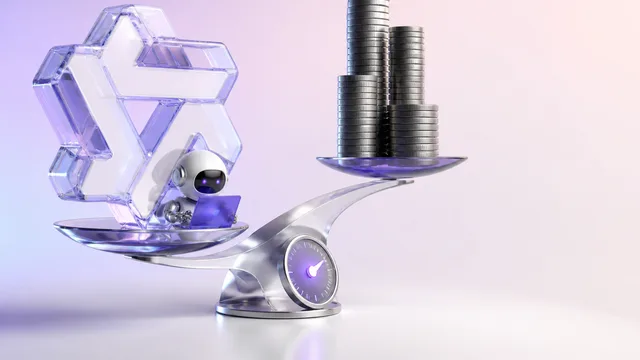 A blue animated character shoots a purple laser beam at a shattering explosion of React benchmark charts and data cards…