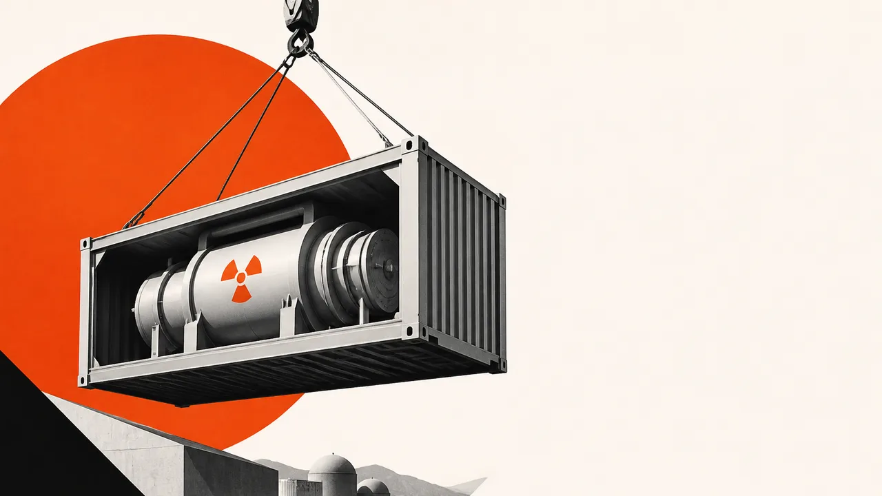 Large industrial nuclear reactor container with "RADIANT" branding displayed against light background with green "BEYOND…