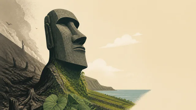 Two weathered moai statues stand on a grassy hillside under blue sky, with the text "Slice FULL DOC" and "Rapa Nui…