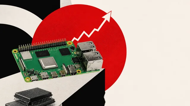 Raspberry Pi 5 board displayed with price tags showing 120.00 crossed out and 305.00 highlighted in red, with "bruh." text…