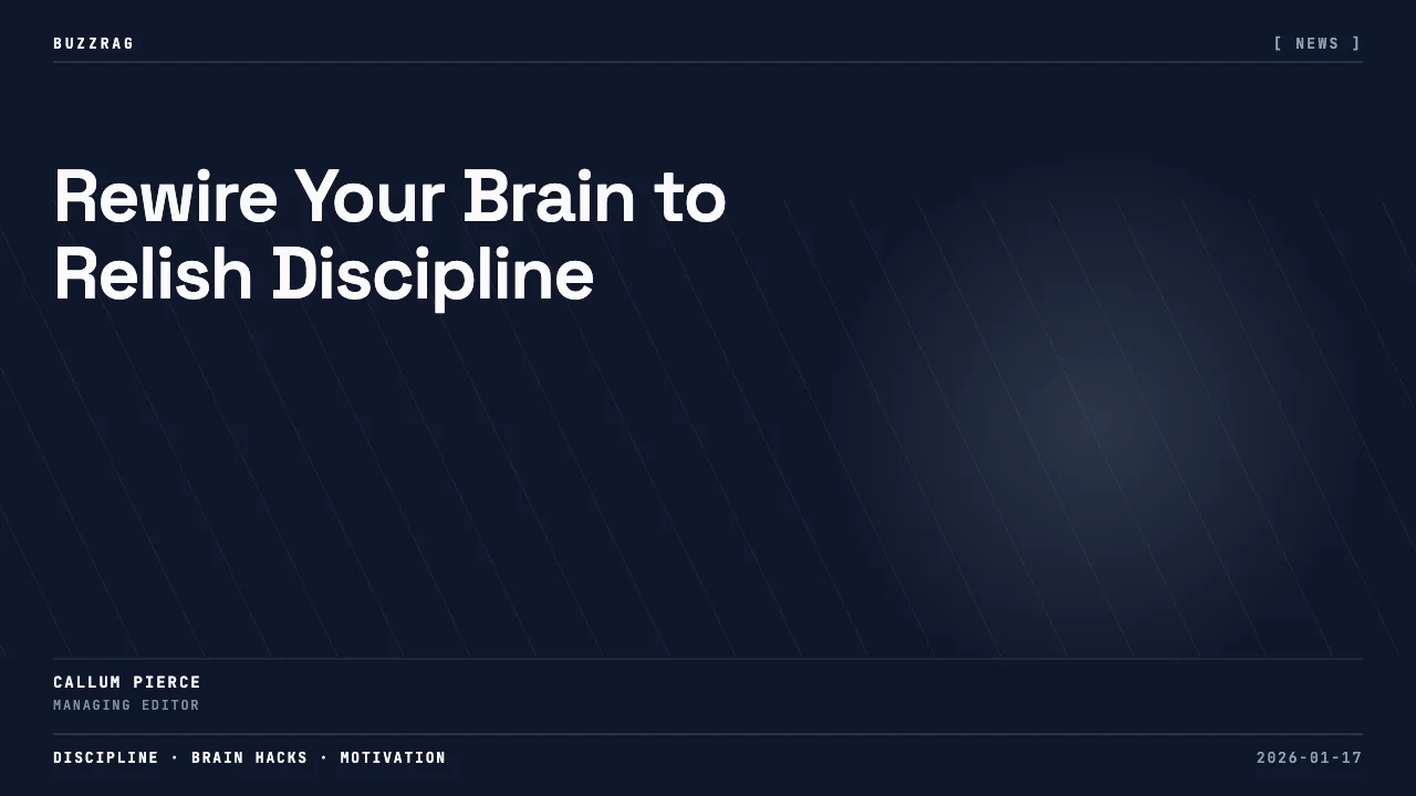 Stick figure progresses from reading to showering to weightlifting, illustrating discipline transformation with "ENJOY…