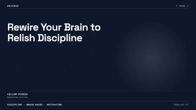 Stick figure progresses from reading to showering to weightlifting, illustrating discipline transformation with "ENJOY…