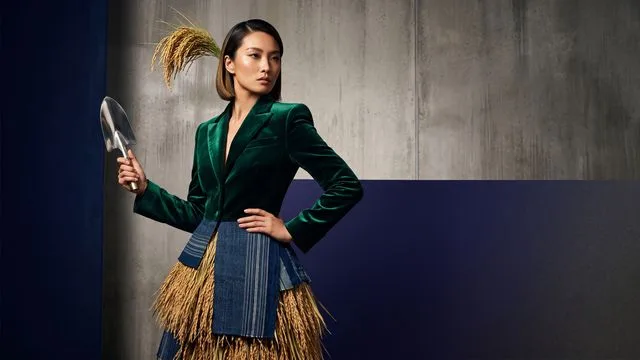 Yellow background with bold black text about the Rice Theory, featuring an illustrated woman in traditional Japanese…