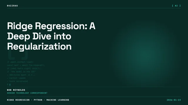 Mathematical formula for ridge regression displayed over Python code background with Python logo, emphasizing the…