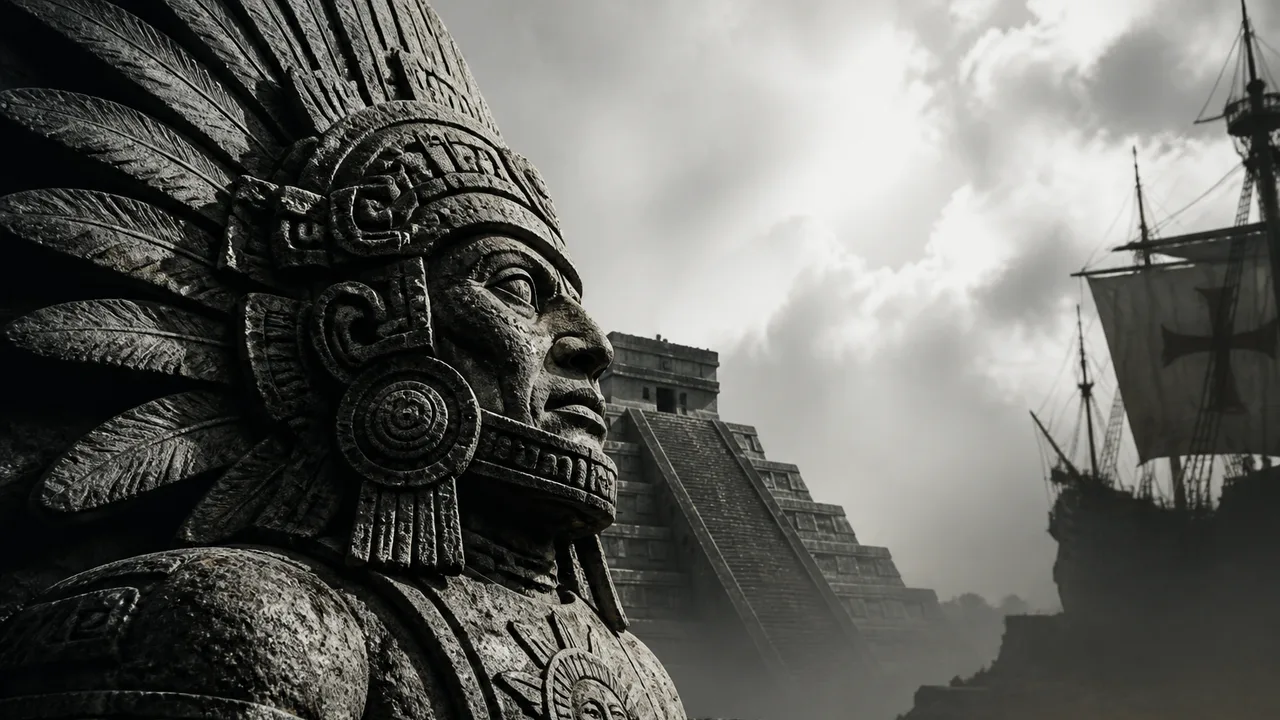 Two armored warriors engage in combat with spears and swords in an ancient Mesoamerican settlement, with the Odyssey logo…