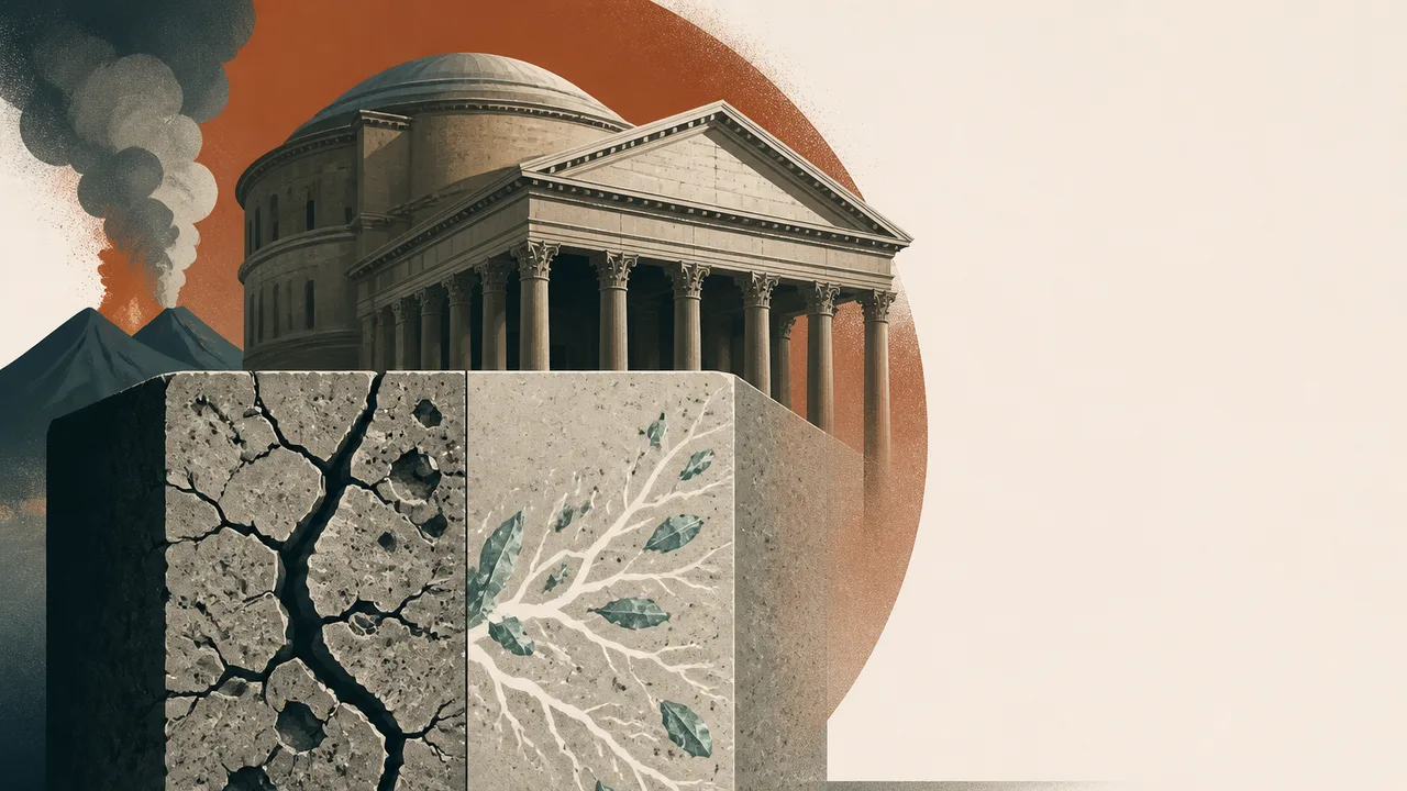 Ancient Roman temple with columns at dusk, featuring bold orange text asking about self-healing concrete technology