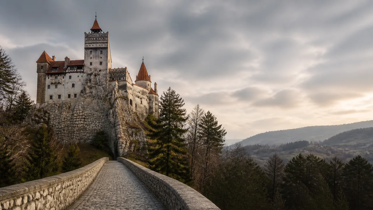 Two travelers pose before a scenic Romanian town with a church and orange-tiled roofs nestled in green mountains under blue…