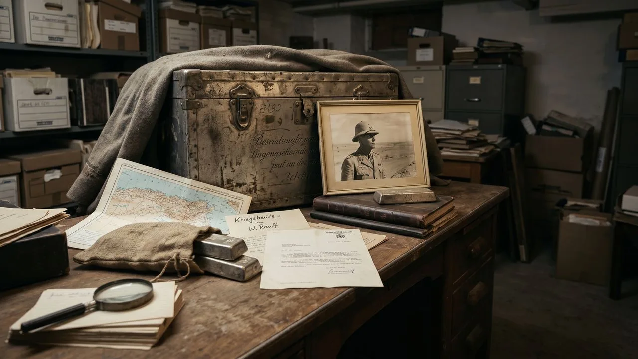 A man in a dark jacket speaks urgently beside colorized WWII footage of soldiers and stacked gold bars, with "WWII…