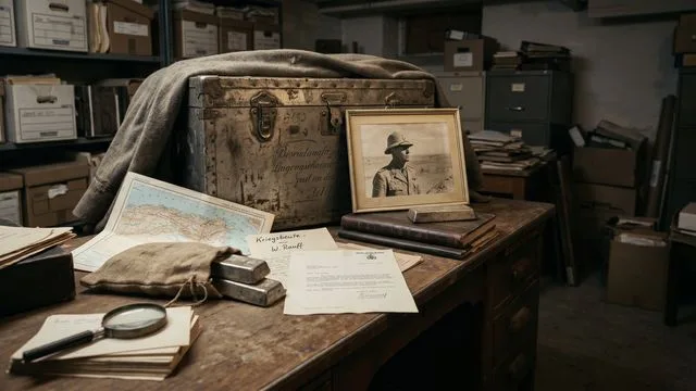 A man in a dark jacket speaks urgently beside colorized WWII footage of soldiers and stacked gold bars, with "WWII…