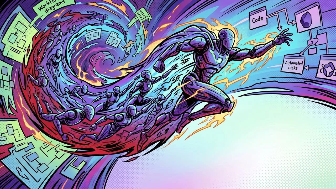A shocked man's face beside glowing neon "RUFLO" sign with futuristic blue robots and explosive pink effects, "100 AGENTS"…