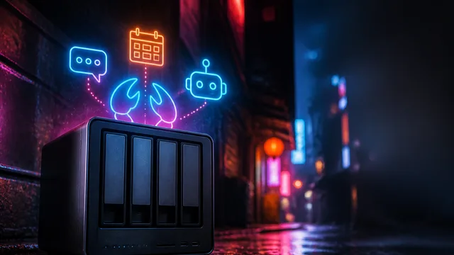 A red cartoon character with antenna stands beside a UGREEN NAS storage device with four numbered drive bays on a wooden…