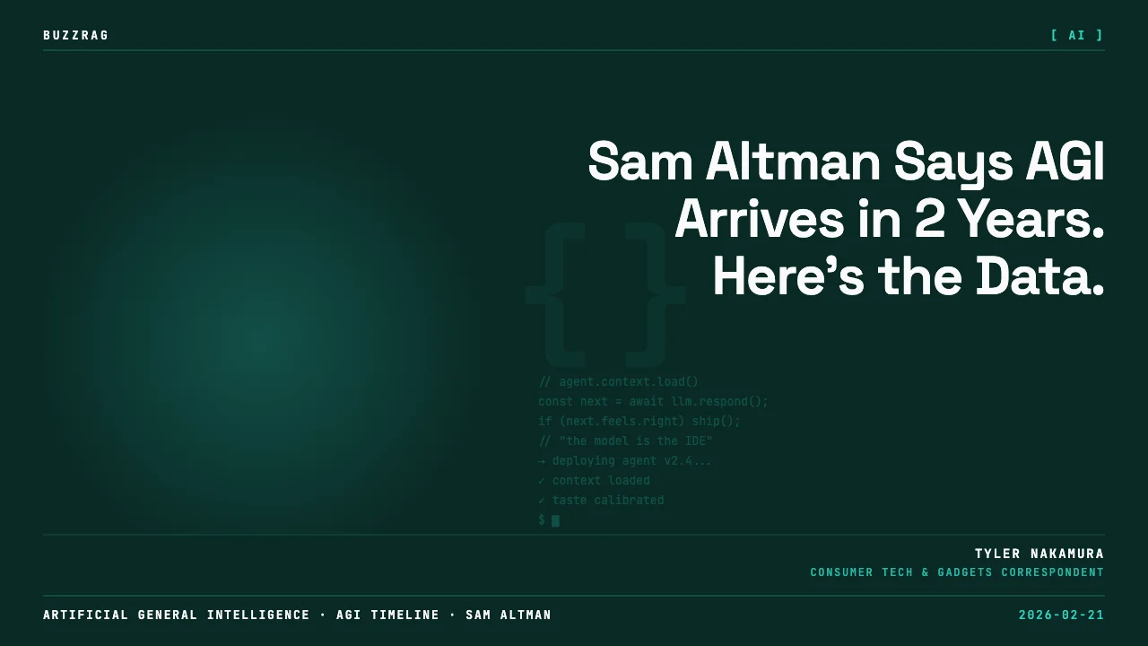 Man in business suit speaking at microphone in OpenAI office with yellow text overlay reading "ONLY 2 YEARS LEFT...