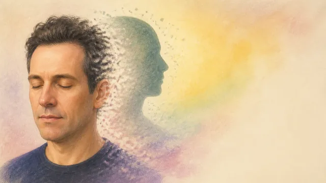 Man in dark shirt against dark background with glowing orb, text reading "THE SELF IS A LIE