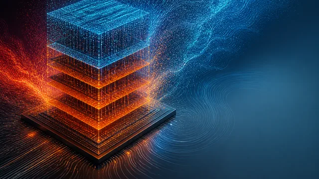 Stylized GPU topped with glowing Samsung memory stacks, labeled “8X FASTER?” and “ZHBM”
