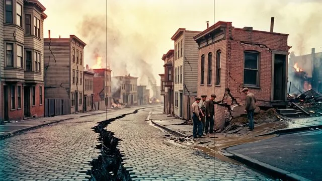 Sepia-toned historical photograph showing a damaged building and shipwrecks after the San Francisco Earthquake, with…