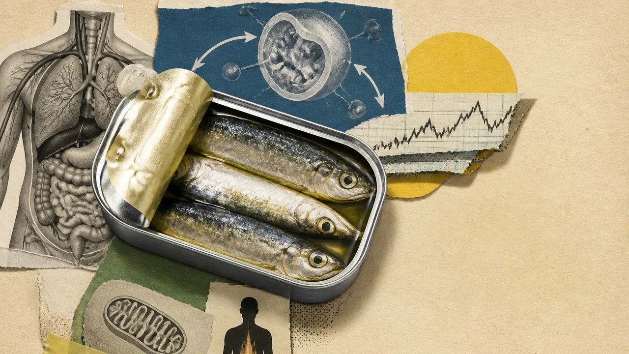 Man with surprised expression next to open can of sardines, with bold yellow and red text reading "2 CANS PER DAY