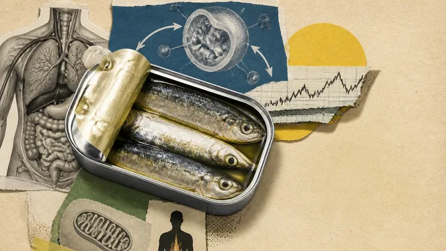 Man with surprised expression next to open can of sardines, with bold yellow and red text reading "2 CANS PER DAY