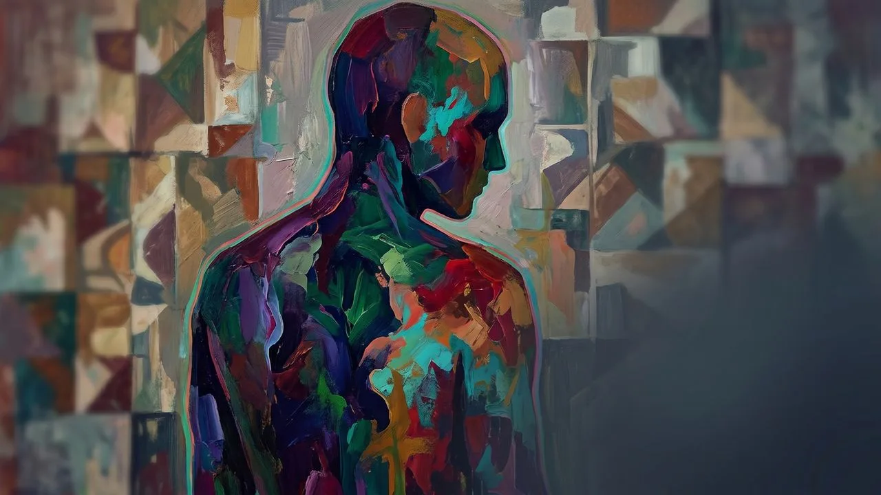 Three anime-style characters displaying withdrawn, emotionally detached expressions against a black background with red…