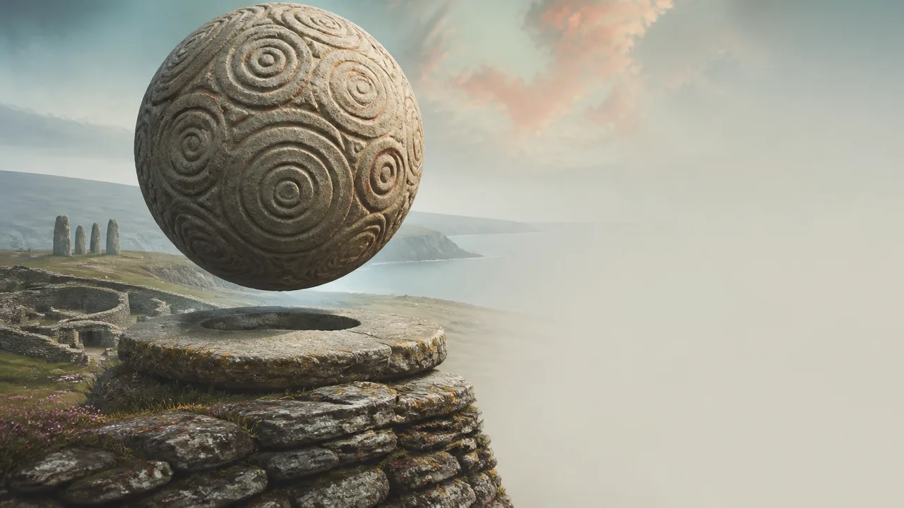 Man holding a golden spiral artifact before standing stones at sunset with text "EVERYBODY HAD ONE