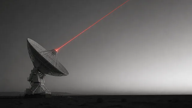 Radio telescope dishes silhouetted against a sunset sky with "WRONG?" text and arrow overlay