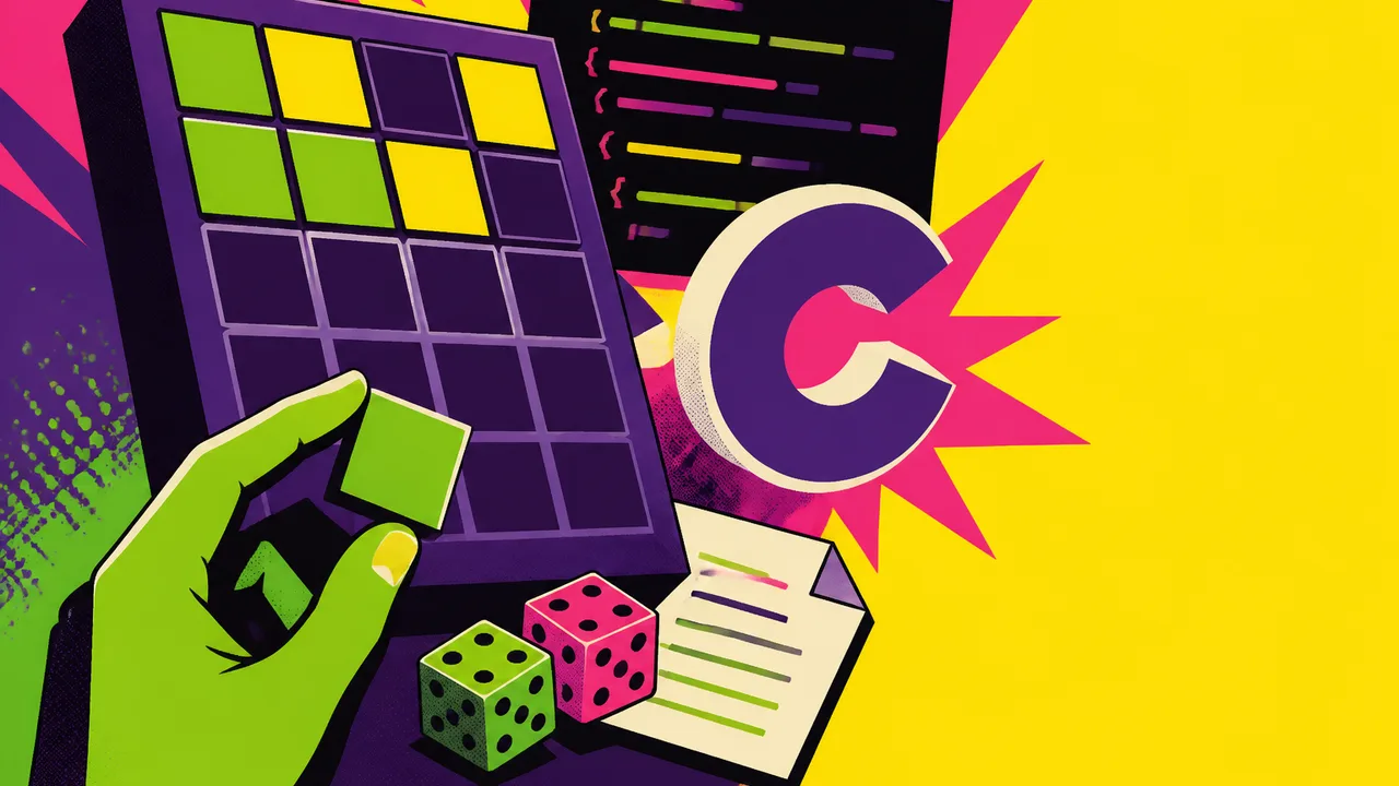 Cartoon purple penguin with bright green feet beside large “4 beginner C projects” text and glowing purple code