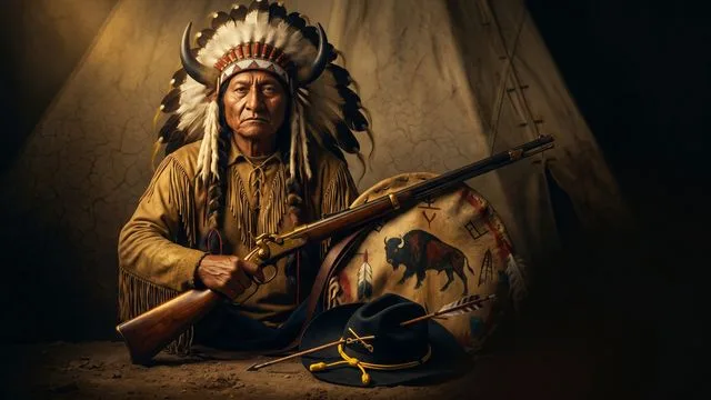 Close-up of a Native American chief with long dark hair alongside a historical battle scene with soldiers on horseback and…