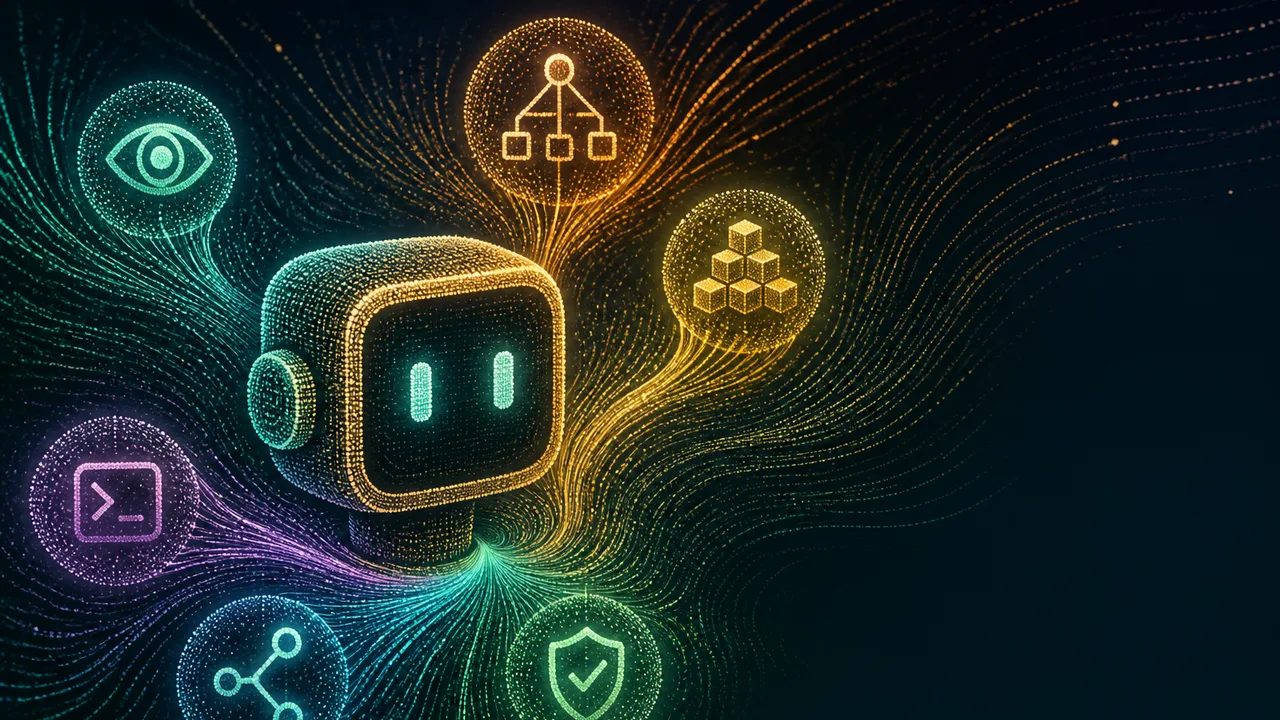 /ultra build logo with app icons, blue robot mascot, and orange character against dark background