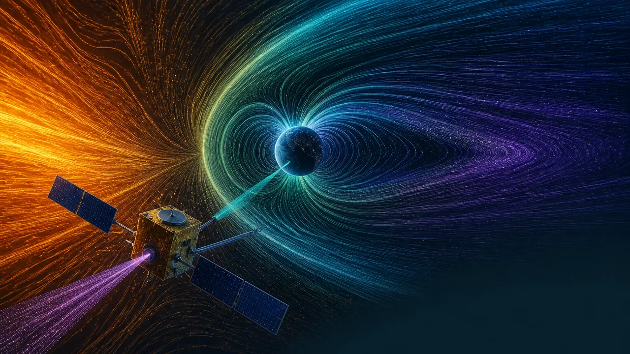 A satellite orbits between the Sun and Earth's magnetic field, with ESA and China logos visible in the top corner and "IT…