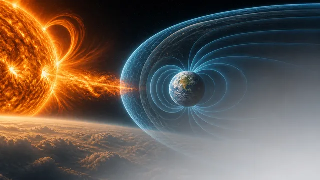 Earth positioned near the Sun's surface with solar flares erupting around it, highlighted by yellow arrows, with "WE ARE…