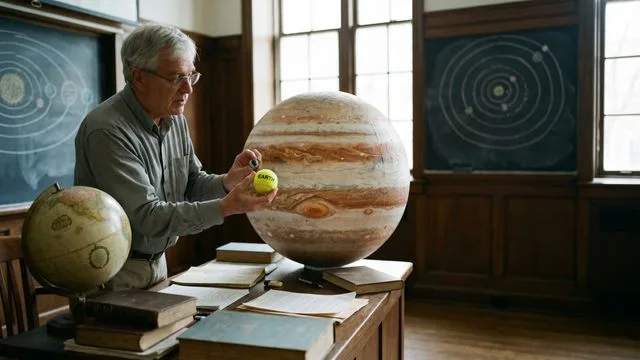 A transparent sphere filled with thousands of miniature Earth globes illustrates the vast scale of the solar system, with…