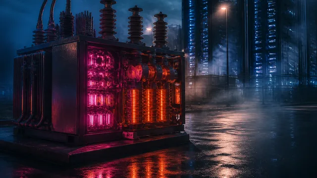 Large black industrial transformer units arranged in a row against a blue digital background with "Asianometry" branding…